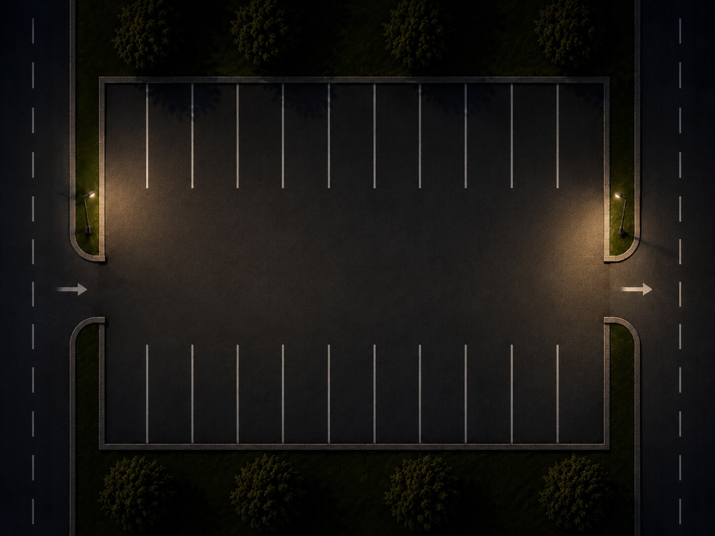 Top-down render of an empty parking lot at night